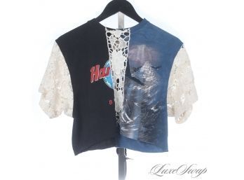 #1 AMAZING! FURST OF A KIND CUSTOM MADE PATCHWORK CROPPED TOP MADE OF REAL VINTAGE TEE SHIRTS AND LACE!