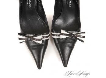 VERY CUTE BRUNO MAGLI HAND MADE IN ITALY BLACK NAPPA LEATHER WHITE BOW STRAP FRONT SLINGBACK SHOES 39.5