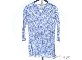 VACATION READY : ROBERTA ROLLER RABBIT WHITE VOILE ROYAL BLUE MOROCCAN TILE PRINT TUNIC SHIRT XS