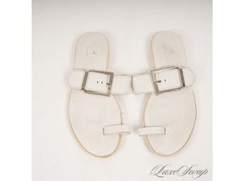 SUPER FUN : HOGAN MADE IN ITALY SOFT WHITE LEATHER SILVER BUCKLE STRAP TOE THONG SANDALS 6.5