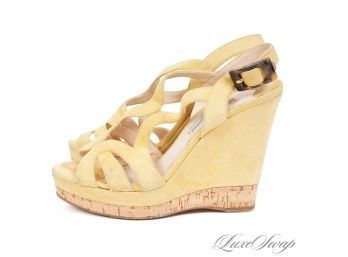 THESE WITH BROWN TIGHTS, WHOOO BABY! AUTHENTIC PRADA MADE IN ITALY CORN YELLOW SUEDE CORK SOLE WEDGE SHOES 36