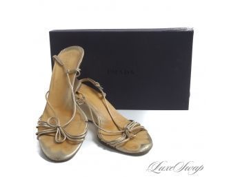 WITH ORIGINAL BOX : $450 PRADA MADE IN ITALY METALLIC LEATHER SPAGHETTI STRAPPY KITTEN WEDGE SHOES 41