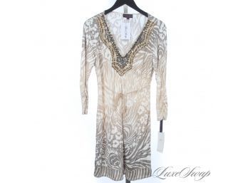 BRAND NEW WITH TAGS MODERN HALE BOB LOS ANGELES IVORY AND BROWN ANIMAL PRINT TUNIC WITH BEAD EMBROIDERY L