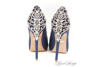 I MEAN ALL YOU CAN SAY IS WOW!! 1X WORN BADGLEY MISCHKA SAPPHIRE BLUE SATIN CRYSTAL SCROLLWORK BACK SHOES 7.5