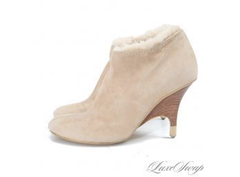 THESE WERE EXPENSIVE : VICINI MADE IN ITALY CAMEL SOFT SUEDE SIDE ZIP BOOTIES LINED WITH REAL FUR! 36.5