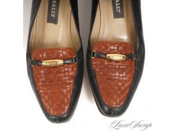 BALLY MADE IN ITALY 'VANESSA' BLACK AND BROWN BASKETWEAVE TOE LOGO BIT LOAFERS 8
