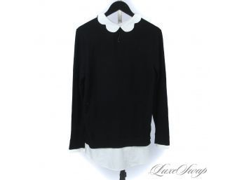 BRAND NEW WITH TAGS MAISON JULES BLACK STRETCH JERSEY HIGH / LOW PETER PAN COLLAR SHIRT L