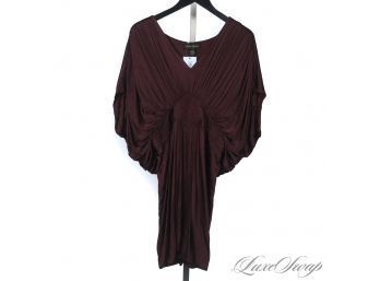 THE SWISH!! CATHERINE MALANDRINO MADE IN ITALY AUBERGINE STRETCH SATIN GRECIAN RUCHED BUTTERFLY DRESS