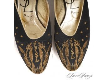 VERY VERY VERY RARE VINTAGE YSL YVES SAINT LAURENT BLACK EMBROIDERED WHEAT LEAF MULES SHOES 7