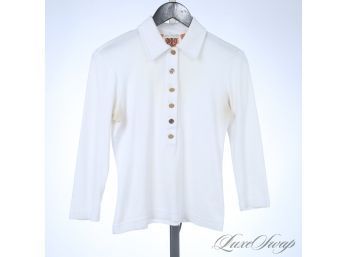 FALL LUXE : TORY BURCH AT BERGDORF GOODMAN IVORY KNIT GOLD MONOGRAM BUTTON POLO SHIRT S