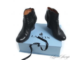 WITH ORIGINAL BOX! $775 LANVIN PARIS BLACK VEAU LEATHER SIDE ZIP WEDGE BOOTIES SHOES 39.5