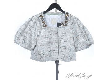BRAND NEW WITH TAGS MAGIINN SILVER CRINKLED DASH TWEED CROPPED JACKET WITH EMBROIDERY NECKLINE 38