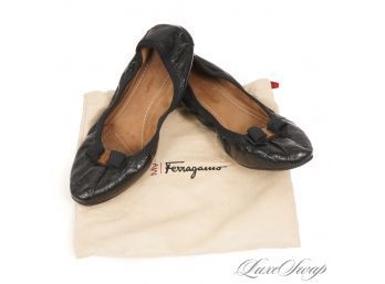 VERY RECENT AND LIKE NEW SALVATORE FERRAGAMO BLACK PATENT LEATHER BOW FRONT RUCHED BALLET FLAT SHOES 8