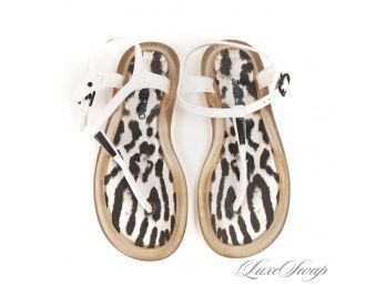 VACATION, ALL I EVER WANTED! AUTHENTIC JIMMY CHOO ANIMAL PRINT CLEAR RUBBER WHITE STRAP THONG SANDALS  39