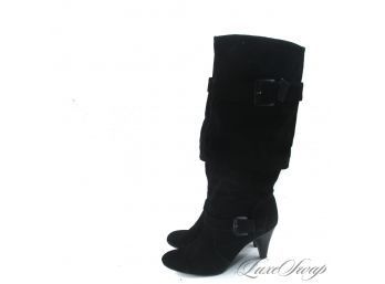 THESE ARE BANGIN! GIANNI BINI ULTRA BLACK SUEDE DOUBLE BUCKLE RUCHED SLOUCHY BOOTS 8.5