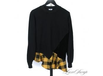 HIGH FASHION : CLU BLACK PATCHWORK SWEATSHIRT MATERIAL VELVET AND GOLD GINGHAM ASYMMETRICAL TOP S