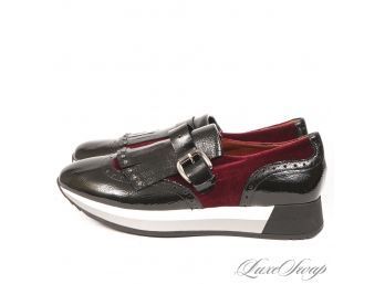 MEGA COOL! VIRTUALLY BRAND NEW DONNA SOFT MADE IN ITALY RED VELVET BLACK PATENT LEATHER KILTIE SNEAKERS 39