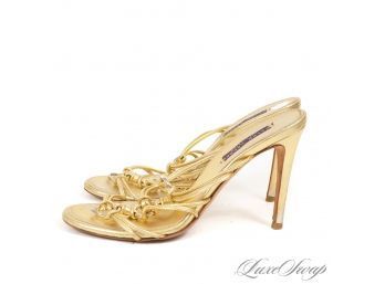 RALPH LAUREN COLLECTION MADE IN ITALY BRIGHT GOLD LAME LEATHER STRAPPY SILVER RING SANDALS 8