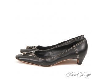 ERA DEFINING! AUTHENTIC PRADA MADE IN ITALY BLACK LEATHER BUCKLE BOW FRONT KITTEN HEEL PUMPS 39