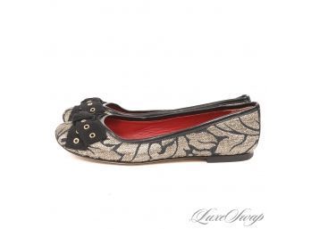 BRAND NEW WITHOUT BOX FURLA BLACK DAMASK BROCADE FLORAL BALLET FLATS WITH GROMMET BOW FRONT 35