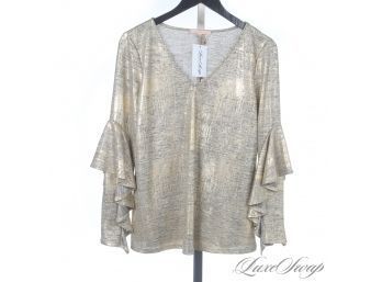 BRAND NEW WITH TAGS GIBSON LATIMER GOLD METALLIC WASHED TIERED RUFFLE SLEEVE USA MADE PARTY SHIRT S