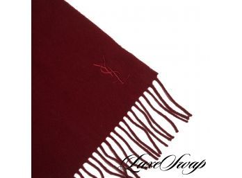 YSL YVES SAINT LAURENT MADE IN ITALY NEAR MINT MAROON FLANNEL YSL MONOGRAM EMBROIDERED SCARF