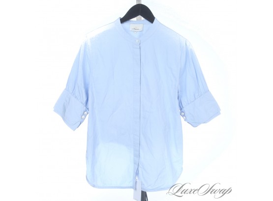 3.1 PHILLIP LIM BLUE POPLIN BUTTON DOWN CROPPED SLEEVE SHIRT WITH BIG PEARL EFFECT BUTTONS 10