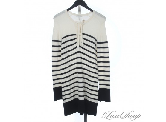 FALL NIGHTS BY THE FIRE : JOIE CREAM SOFT KNIT SWEATER DRESS WITH BRETON STRIPE AND LACED NECK S
