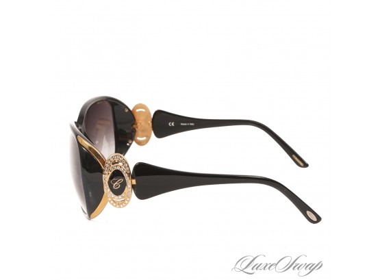 #6 NEAR MINT CHOPARD PARIS MADE IN ITALY BLACK BUG EYE SUNGLASSES WITH GOLD AND CRYSTAL DETAILS