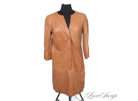 VERRRRRRY EXPENSIVE! VINCE BUTTERNUT BROWN UNLINED NAPPA LEATHER SACK DRESS 10