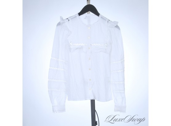 ITS BEAUTIFUL : REFORMATION WHITE VOILE SHIRT WITH LACE CUTOUTS AND RUFFLES XS