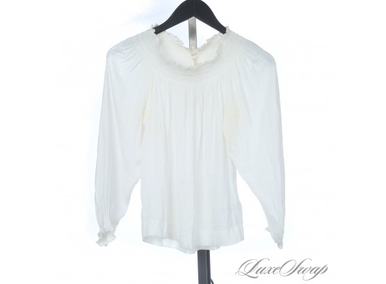 BRAND NEW WITH TAGS $175 MAJE WHITE VOILE SHIRT WITH ELASTIC RUFFLE SMOCK DETAIL 1