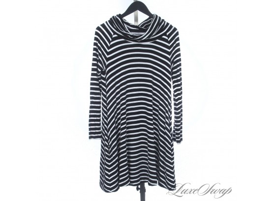 WEEKEND PERFECT : LOU & GREY BLACK AND WHITE STRIPED STRETCH COWLNECK LONG SHIRT DRESS WITH POCKETS!