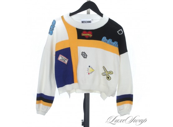 MEGA MEGA EXPENSIVE MOSCHINO MILANO COUTURE WHITE COLORBLOCK PATCH EMBROIDERED CROPPED SWEATER L