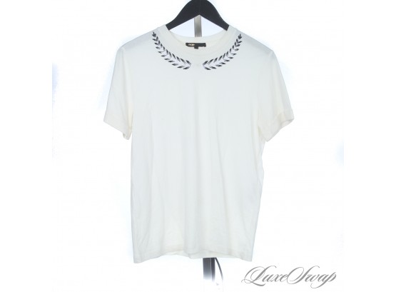 BRAND NEW WITHOUT TAGS MAJE WHITE DRAPED TEE SHIRT WITH EMBROIDERED ACANTHUS NECKLINE 1