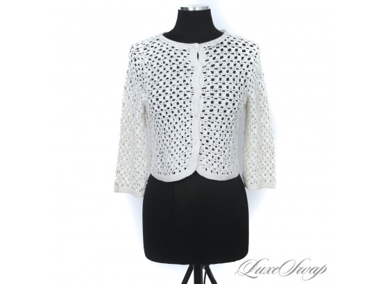 ITS LIKE JEWELRY! CYNTHIA STEFFE IVORY CROCHET KNITTED GLASS EFFECT BEAD EMBROIDERED CARDIGAN SWEATER M