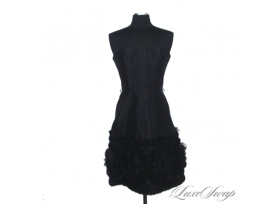BELLE OF THE BALL : BADGLEY MISCHKA BLACK MICROFAILLE STRAPLESS DRESS WITH PUFF LACE EMBROIDERY 8