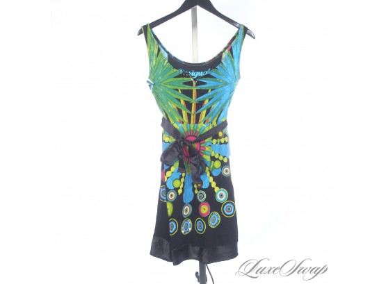 SO SO SO PRETTY : DESIGUAL BLACK DRESS WITH NEON RADIANT SELF BELTED STRETCH DRESS