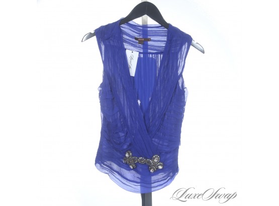 THIS COLOR IS NUTS : STUNNING REISS SAPPHIRE ROYAL BLUE RUCHED CHIFFON PLUNGING NECK SHIRT WITH CRYSTALS 8