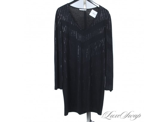 HOLIDAY PARTY READY! ST. JOHN BLACK STRETCH KNIT SEQUIN SPARKLE INSET RIBBED V-NECK DRESS WOW!!!