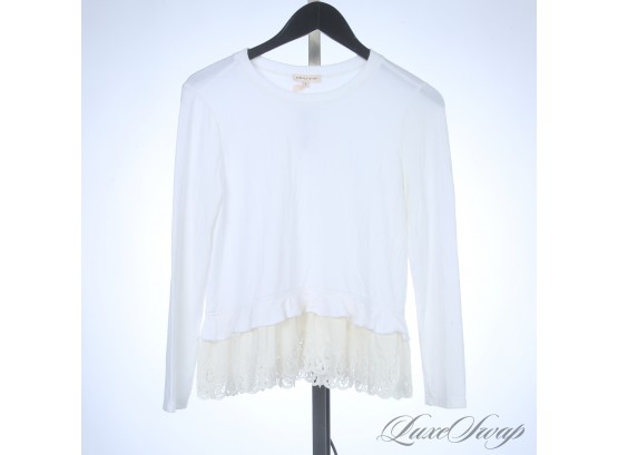 SO SOFT! REBECCA TAYLOR CHALK WHITE JERSEY TOP WITH LACE HEM AND RUFFLED PEPLUM S