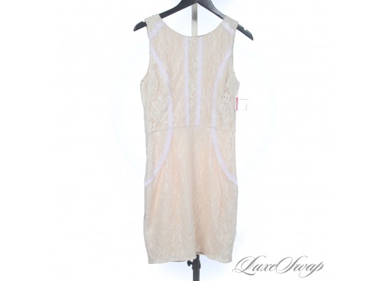 BRAND NEW WITH NORDSTROM TAGS A. DREA WHITE LACE OVERLAY CHAMPAGNE CHIFFON TRIM DRESS L