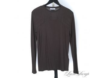 VERSACE COLLECTION MENS SMOKED BROWN/GREY DRAPED JERSEY QUILTED SHOULDER DETAIL CREWNECK SHIRT XS