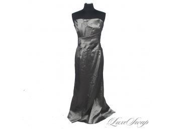 LIKE A GODDESS : JESSICA MCCLINTOCK TRUFFLE INFUSED STEEL SHANTUNG EFFECT PLEATED STRAPLESS EVENING GOWN 12