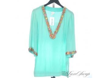 STUNNING : MILLY CABANA SEAGLASS CHIFFON PURE SILK TUNIC WITH SEQUIN EMBROIDERY M