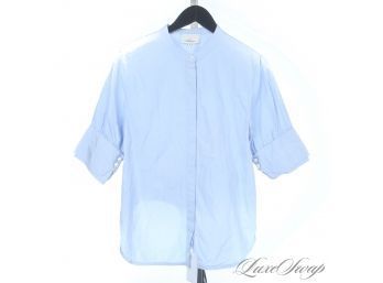 3.1 PHILLIP LIM BLUE POPLIN BUTTON DOWN CROPPED SLEEVE SHIRT WITH BIG PEARL EFFECT BUTTONS 10