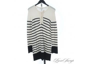 FALL NIGHTS BY THE FIRE : JOIE CREAM SOFT KNIT SWEATER DRESS WITH BRETON STRIPE AND LACED NECK S