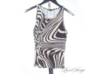 MAXIMUM GRAPHICS : VERSACE JEANS COUTURE CREAM AND BROWN SWIRL PRINT STRETCH TANK TOP XS