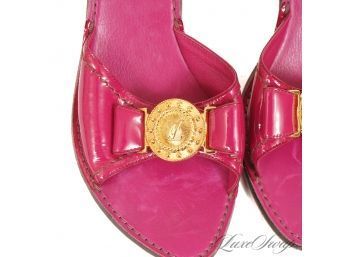 AUTHENTIC AND MOST WANTED LOUIS VUITTON MAGENTA PATENT & CROC PRINT GOLD LV COIN SANDALS 41