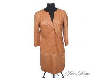 VERRRRRRY EXPENSIVE! VINCE BUTTERNUT BROWN UNLINED NAPPA LEATHER SACK DRESS 10